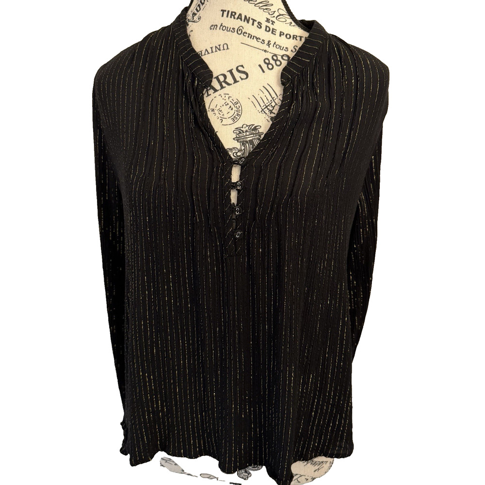 American Rag Women’s Blouse Med Long Sleeve V-Neck Black Gold Metallic Lines